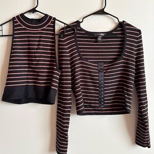 Victoria's Secret Black and Pink Striped Crop Top Set (M-L)